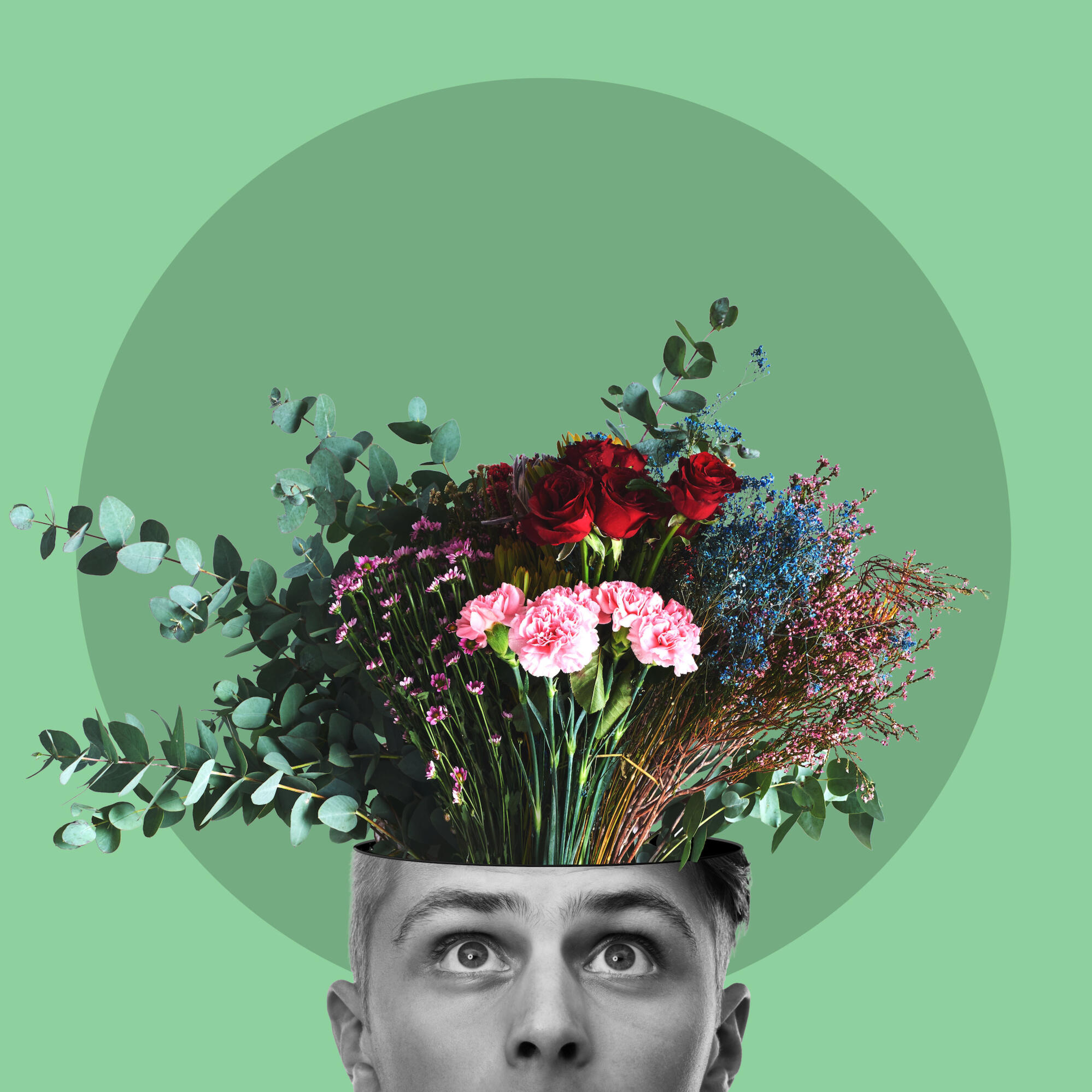 Man's head with a bunch of flowers coming out of the top